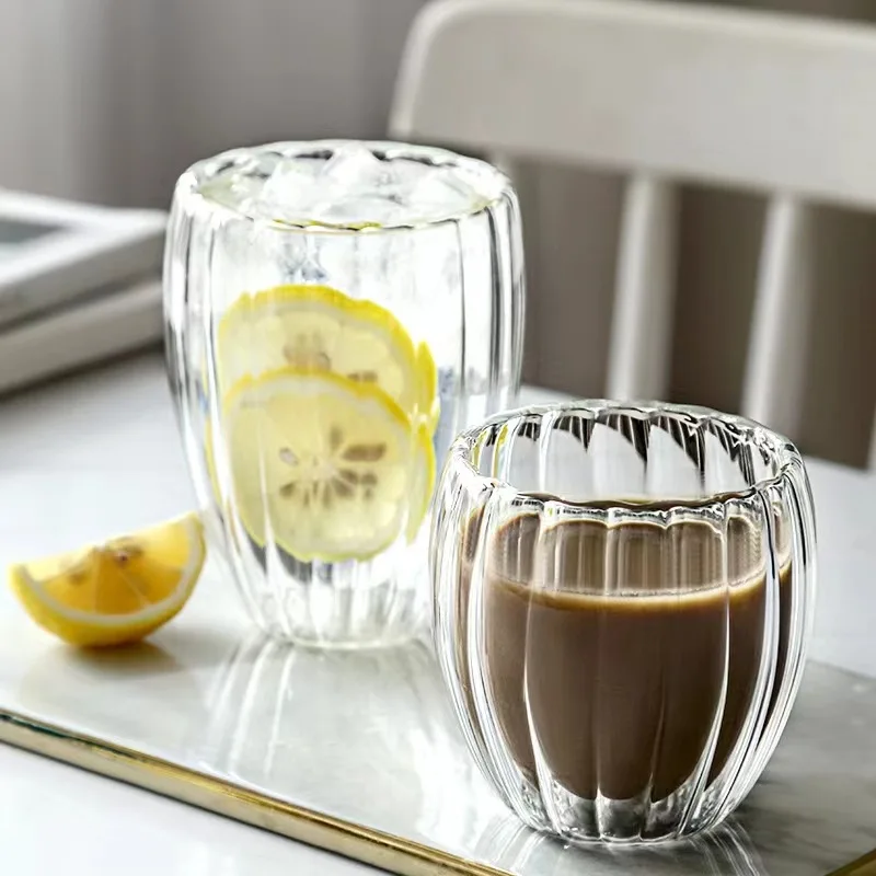 Glass Cup Glass Mug Coffee Glass Cup Heat Resistant Coffee Glass Cup 250/350/450ml Ripple Glass Mug