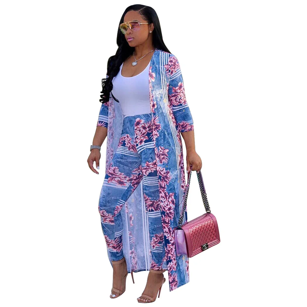 

S-4XL Women Two Piece Set Sheath Long Pants And Long Sleeve Maxi Long Coats Leopard Print Suit