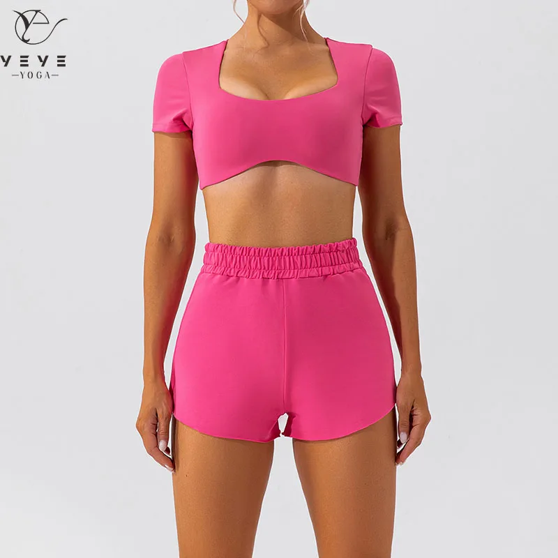 

New Yoga Set Workout Tights Female Crop Top T-Shirt With Fitness Training Short Outfit Sportwear Gym Casual Tracksuit
