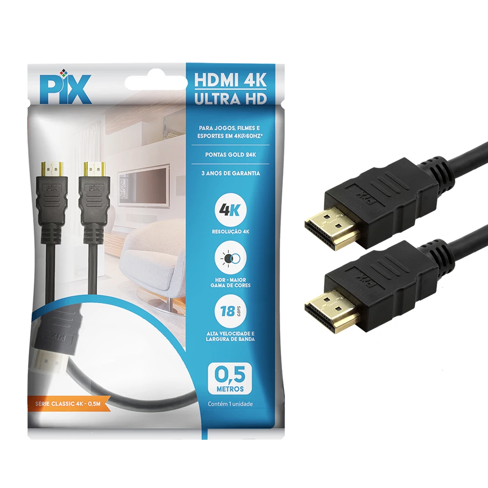 Cabo HDMI PIX 2.0 HDR 4K 19 Pinos 0.5M Polybag