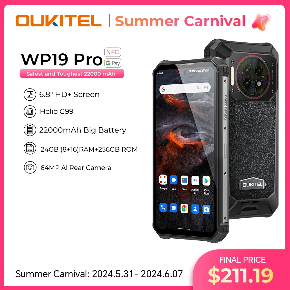 Oukitel WP19 Pro Rugged Phone 22000mAh 24GB 256GB Smartphone 64MP Camera Helio G99 Cellphone 120Hz Mobile Phone