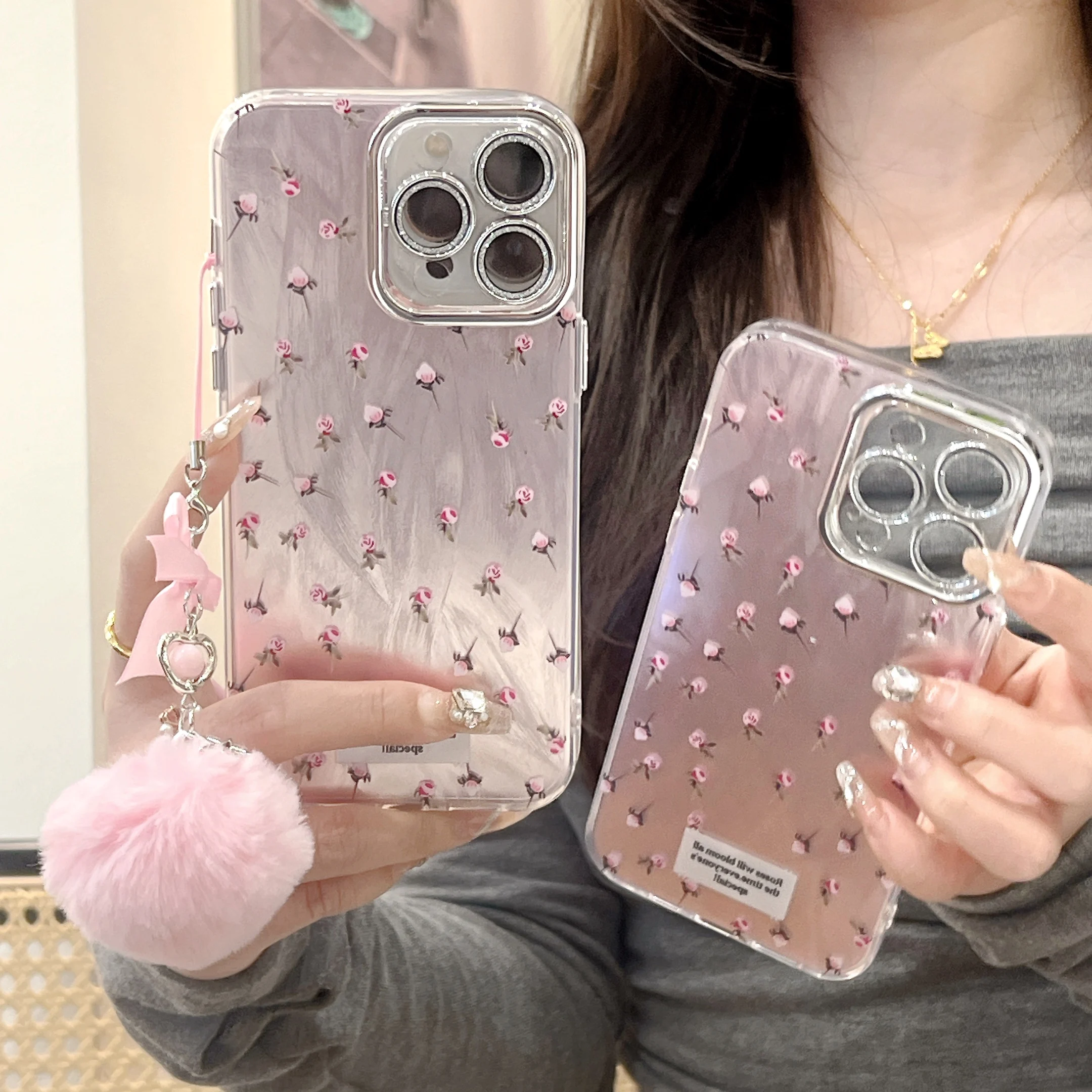 Custodia A Catena Da Polso Morbida Furball Con Fiore Di Rosa In Stile Coreano Per Iphone 15 14 Pro Max 13Promax 12 13Pro 11 Cover Posteriore Con Cordi