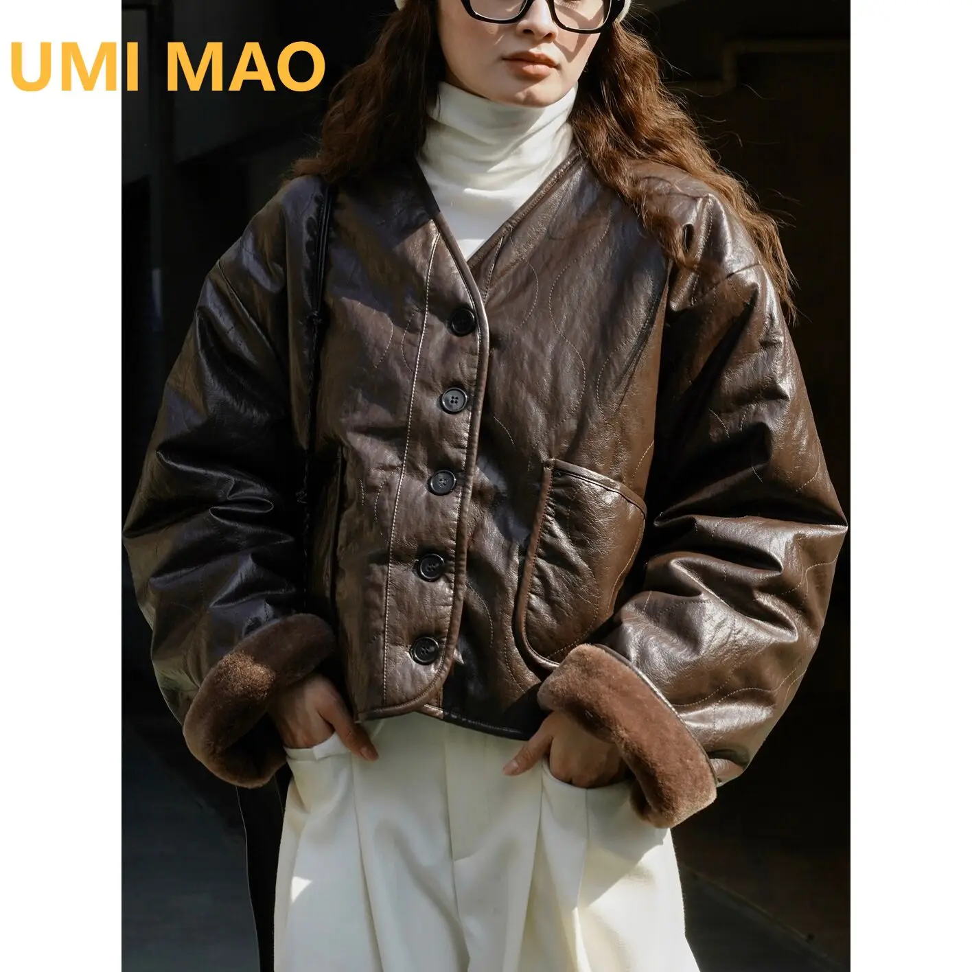 

UMI MAO Cotton Coat Winter New Korean Version Brown Vintage Silhouette Fur One Piece Loose And Warm Thick Cotton Jacket Y2K