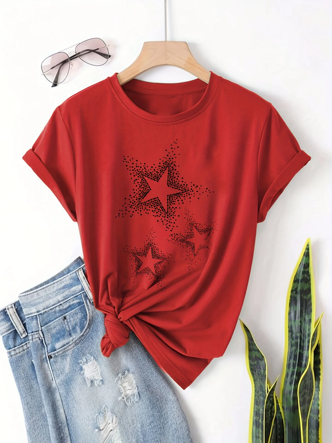 Women's Casual Short Sleeve T-Shirt - Black with White Star Print Round Neck Top for Spring & Summer Machine Washable 3