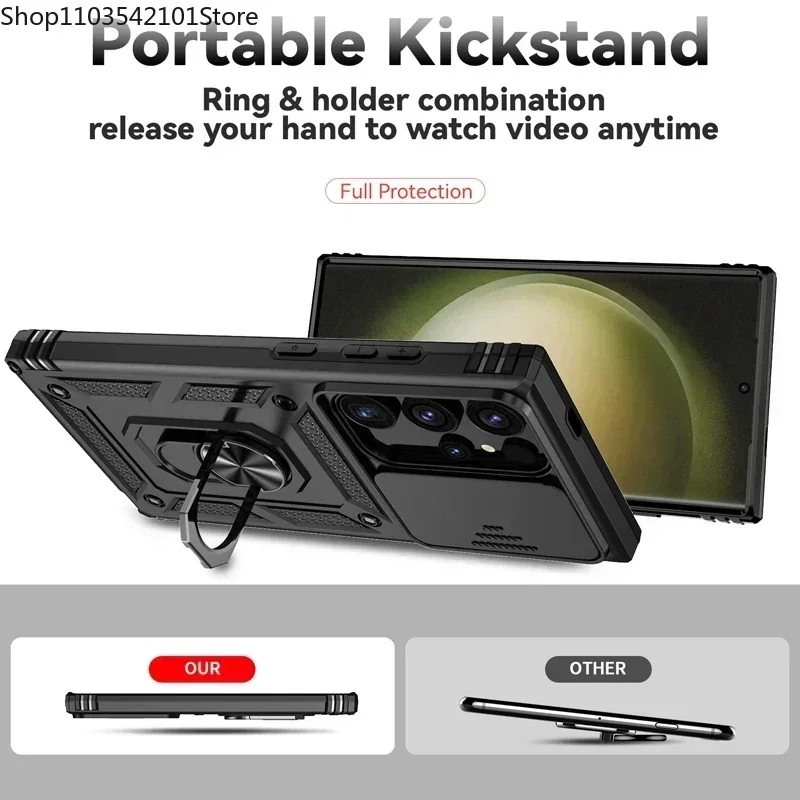 Military Grade Armor Case with Slide Camera Lens Cover and Holder Ring Stand