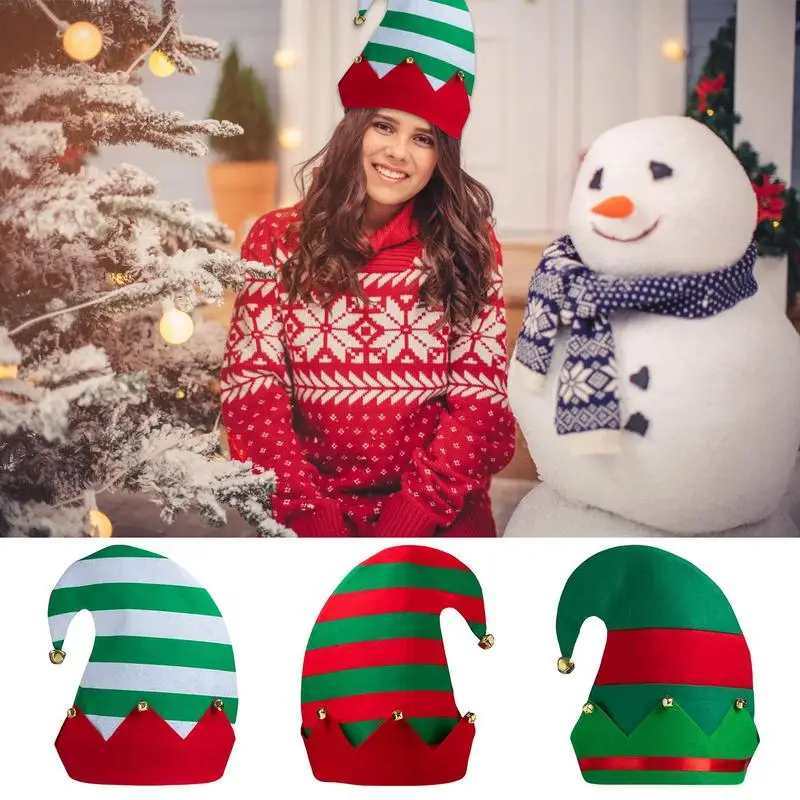 

Christmas Hats Adults Children Red And Green Striped Design Santa Hats Ornaments Felt Elf Hats Creative Christmas Adult Hats