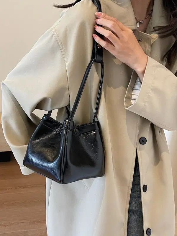 Women's Luxury PU Leather Bucket Bag - Adjustable Crossbody & Shoulder Strap, Stylish Party Handbag with Compact Handle