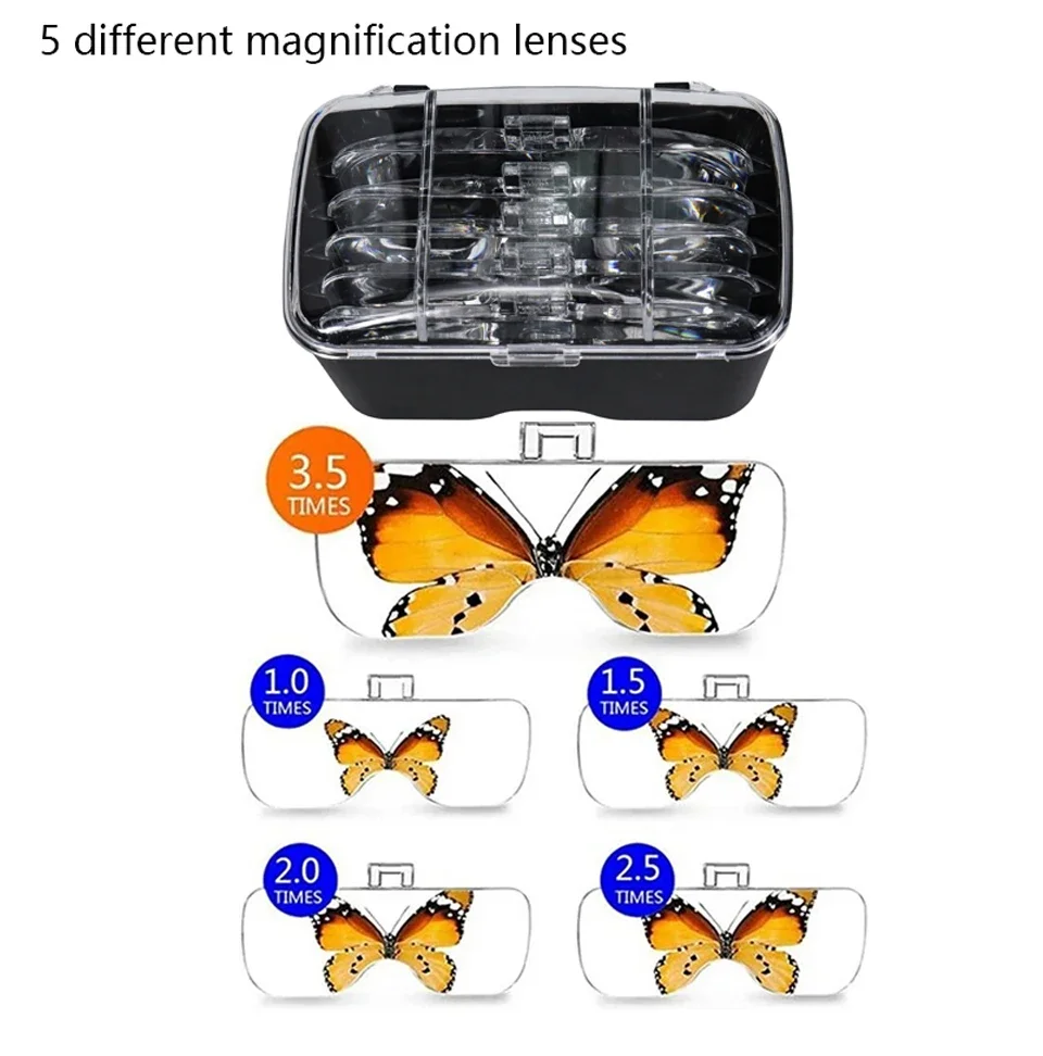 돋보기 LED 헤드 루페(5개 렌즈 포함)(1.0X-3.5X) 보석상 시계 수리용 광학 도구용 밝은 조명 확대경