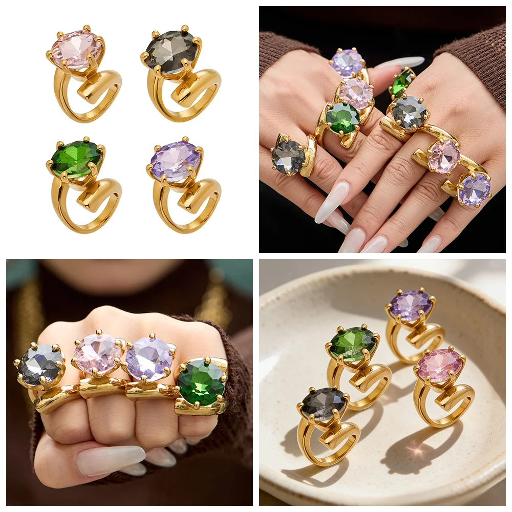 Funkelnde Große Zirkon-Ringe für Frauen 18k Vergoldeter Edelstahl-Ring Statement Spiral-Draht-Ringe Krappenfassung Edelstein-Ring – Detail 1