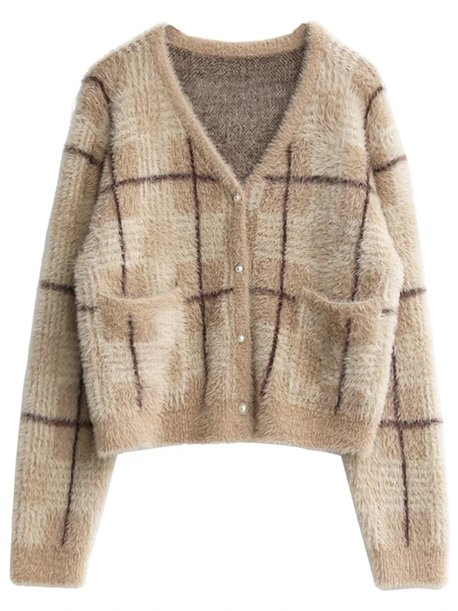 CHIC VEN Women's Cardigan Single Breasted New Vintage Plaid Sweater Soft Woman Jumpers Female Top Winter Autumn 2023 5