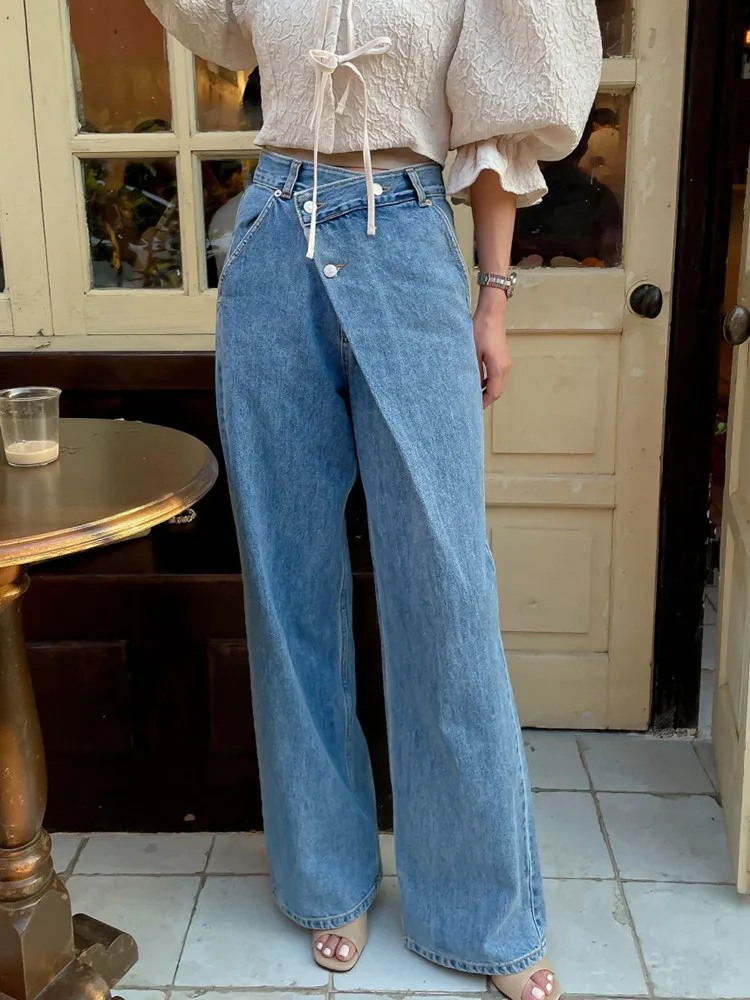2023 Y2K Fashion Incline Buckle Washed Blue Baggy Jeans Pants For Women Clothes Straight Korean Casual Denim Trousers Ropa Mujer