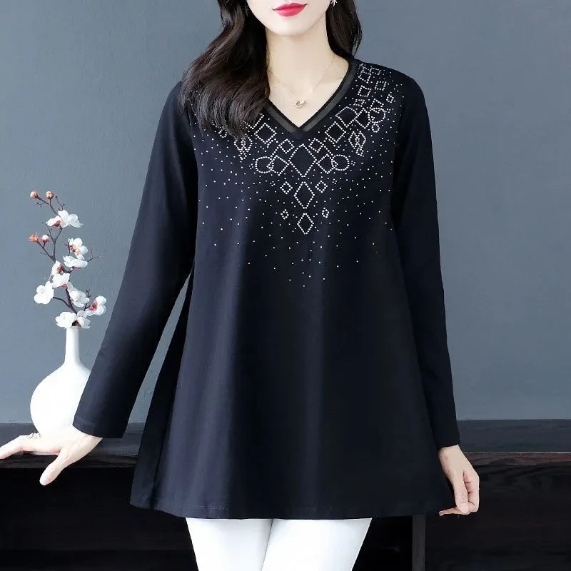 

Women Korean Fashion Elegant Rhinestone Oversize Cotton T Shirt Spring Autumn Casual V Neck Long Sleeve Tunic Tops Ropa De Mujer