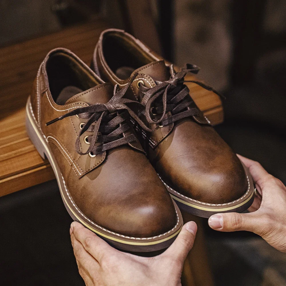 Men's Low-top Work Boots Round-toed Leather Shoes Autumn Casual Vintage Streetwear leather shoes men dress boots