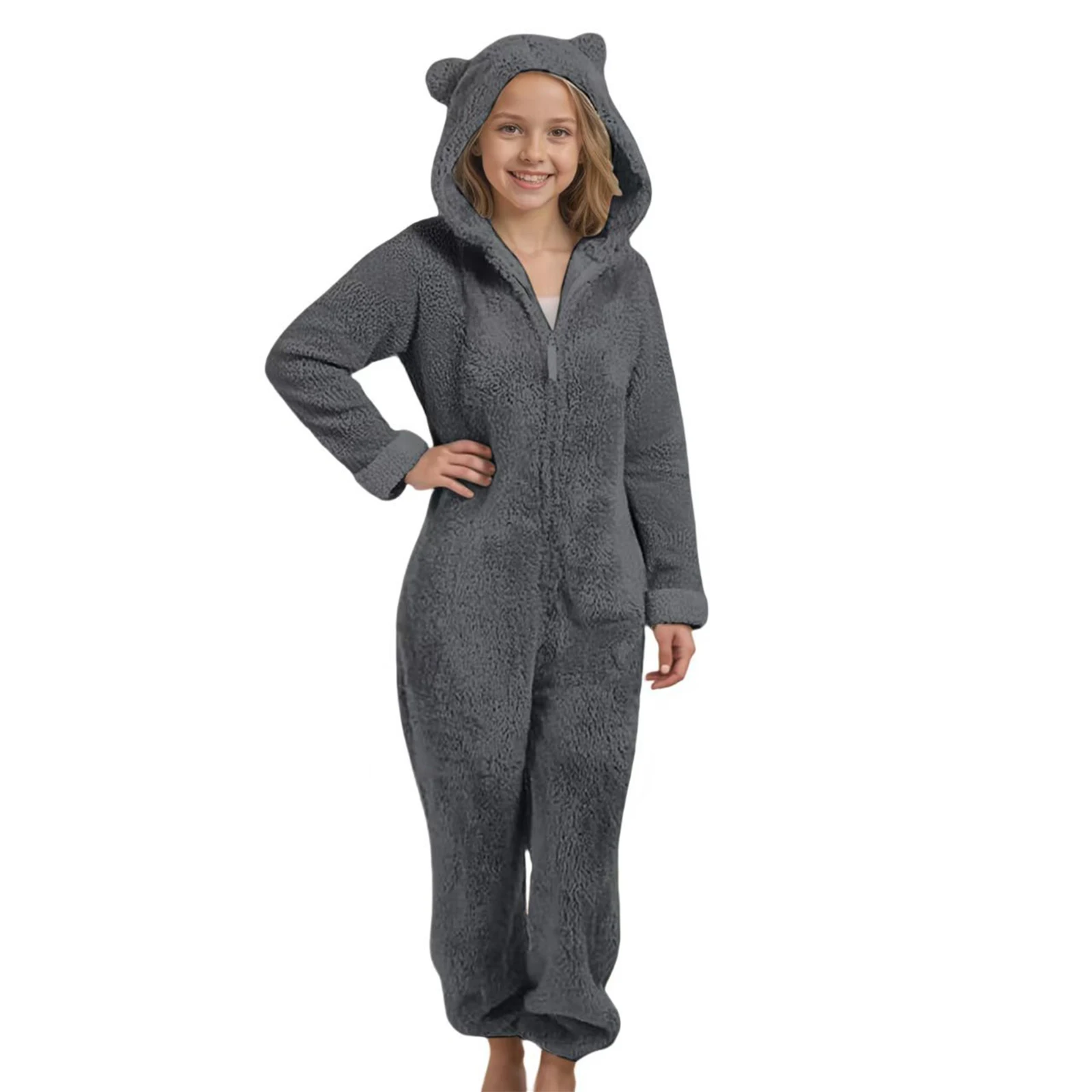 Herbst Winter kinder Pyjamas Mädchen Verdickte Mit Kapuze Overall Nette Mit Kapuze Lange Ärmeln Zipper Plüsch Warme Hause Kleidung – Detail 11