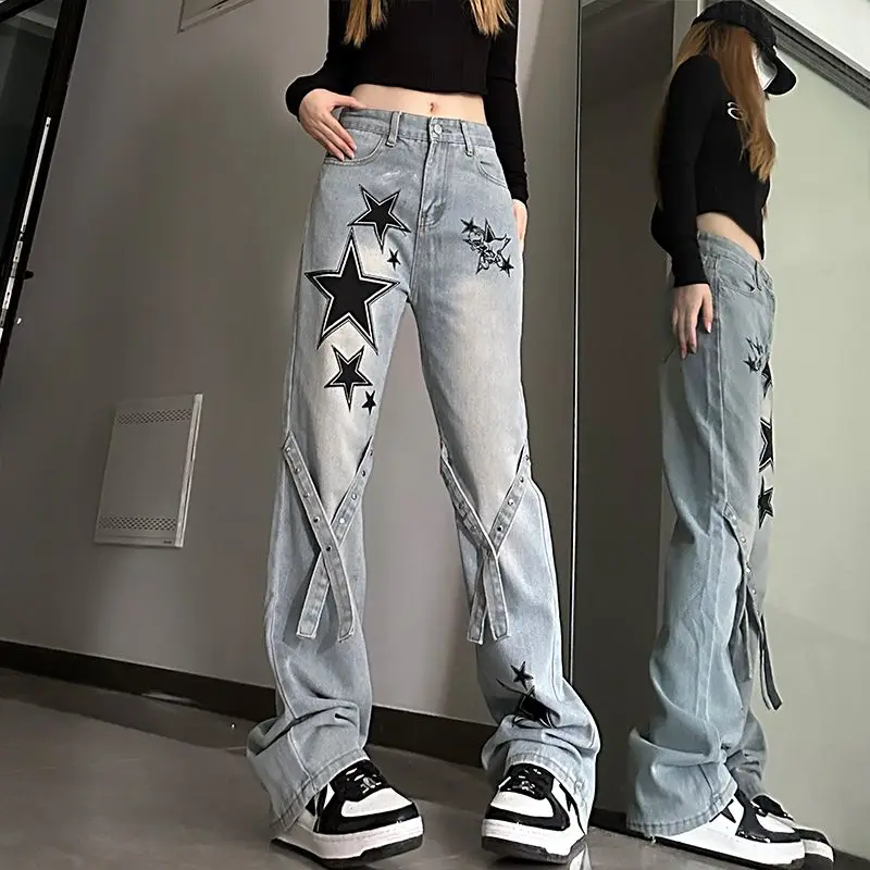 Spring Autumn High Waist Street Style Star Printed Jeans Female Harajuku Y2K Casual Fashion All-match Denim Pants Women Trousers
