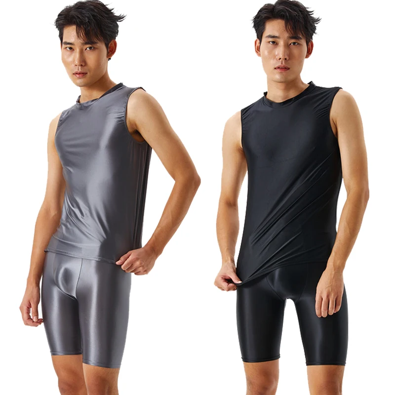 Men Silky Shiny Tight Transparent Vest Five-point Pants Oily Fitness Shorts Glossy Swimming Sports Yoga Suit Plus Size
