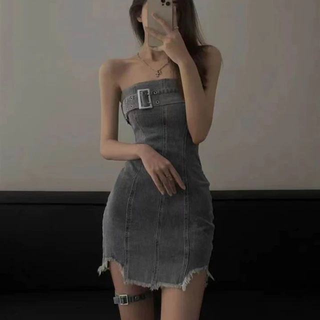 New Bodycon Dress Birthday Party Small Dress High-end Light Luxury Niche Early Fall Sexy One-shoulder Denim Bustier Y2k Dresses 1