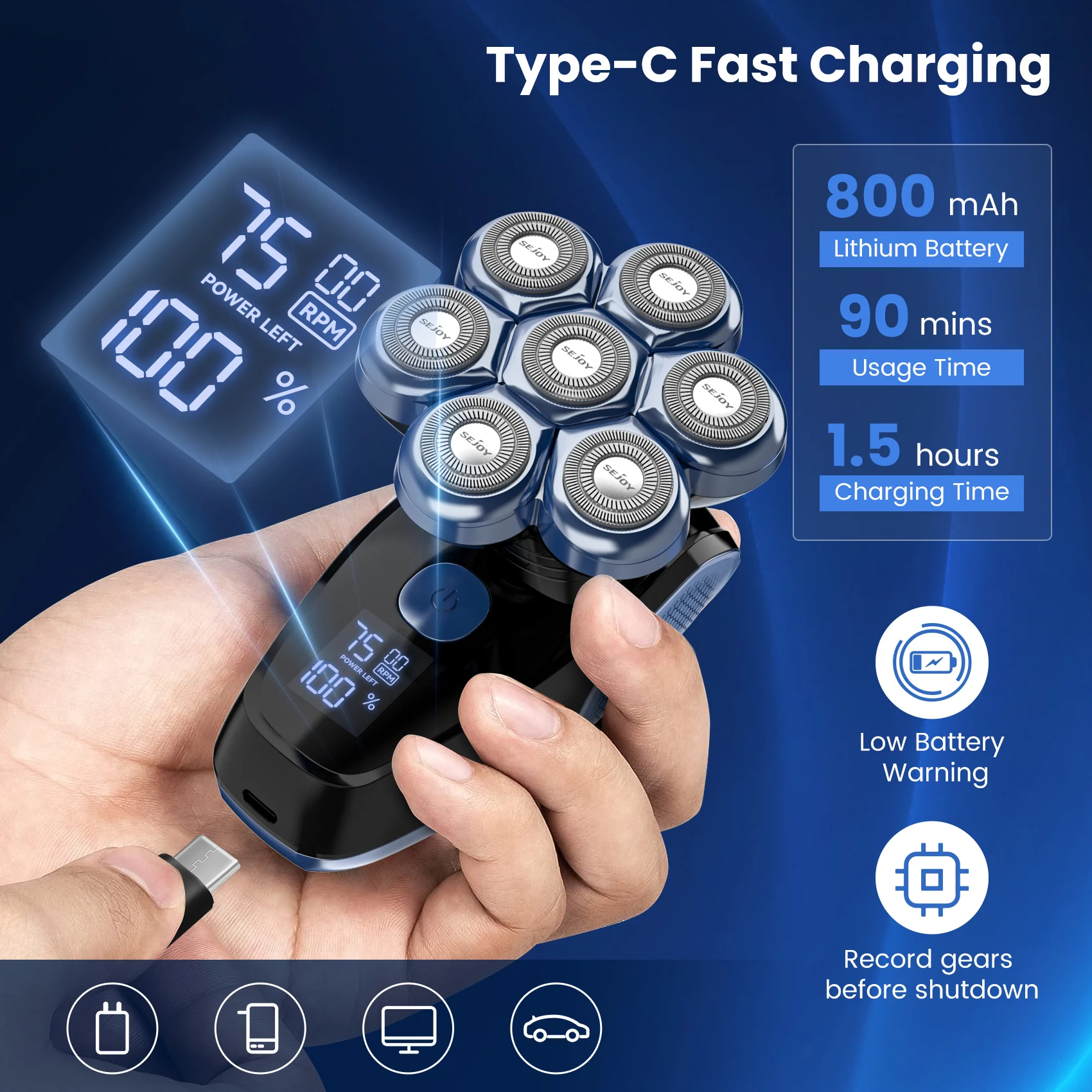 Men's Electric Head Shaver Razor Rechargeable Cordless Hair Shaving Razors For Bald Man 5 In 1 Waterproof Wet Dry Beard Trimmer 5