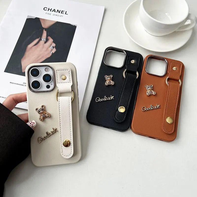 Charming Bear Leather Wrist Strap Phone Case - Soft Cover