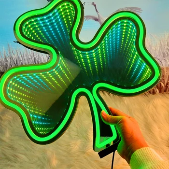 Shamrock Infinity Mirror LED Neon Sign – Green Wall Decor