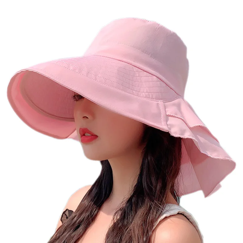 여성 나비 매듭 경량 양동이 모자 패션 숨겨진 포니 테일 구멍 큰 챙 모자 안티 자외선 태양 모자 비치 넥 가드 어부 모자