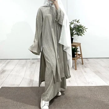 Arab Muslim Women Modest Dress 2024 New Mid Length Long Sleeve Wrinkled Pleated Robe Tops and Skirt Set Islam Abaya Robe