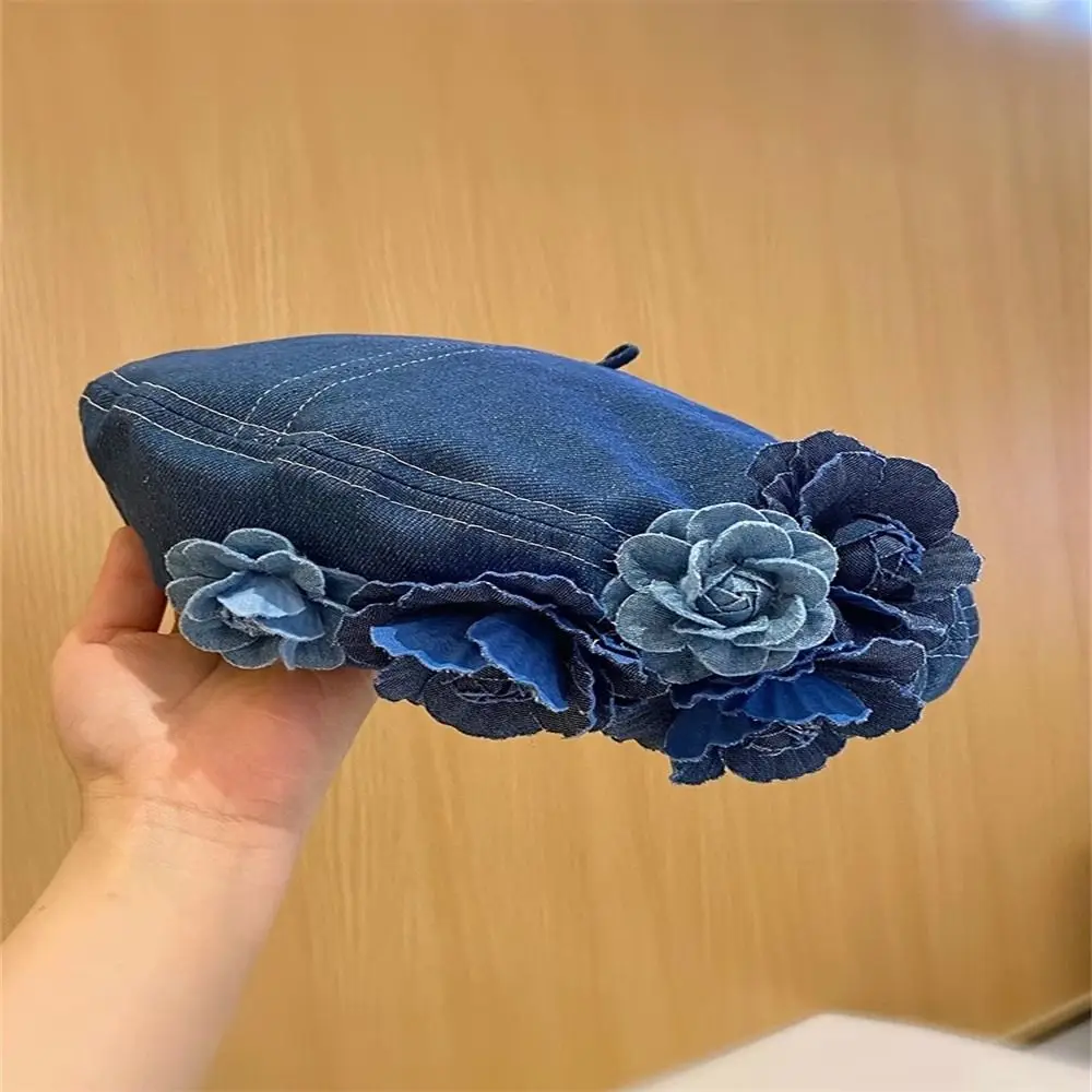 New Denim Color Cotton Painter Hat Camellia Contrasting Colors Fluffy Beret Hat Casual Trendy Flower Beret Cap