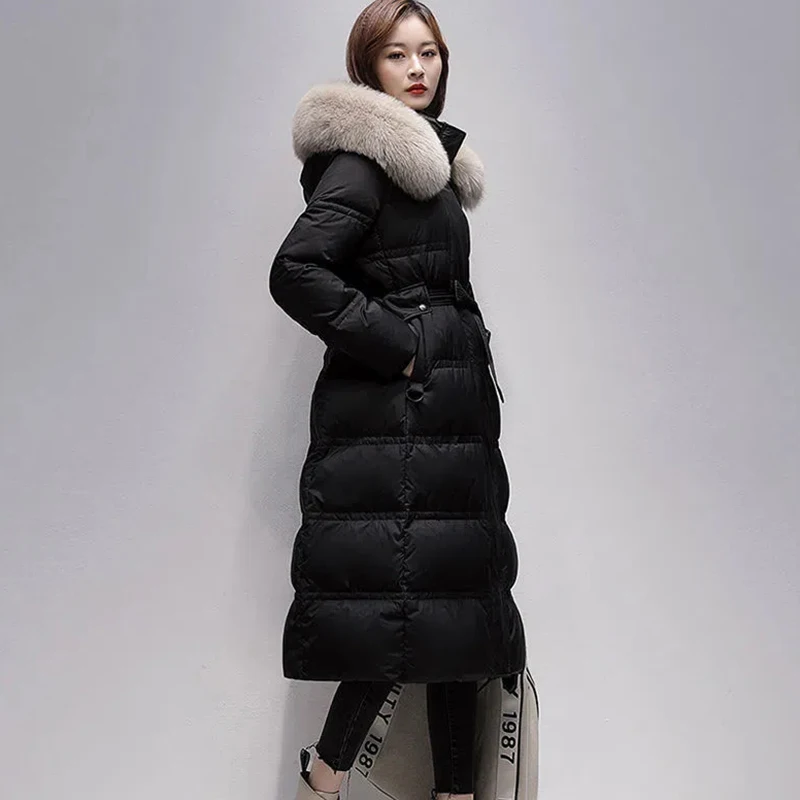 New High-Grade Women\'s Fox Fur Collar Down Jacket Winter Coat Cold 90% White Duck Down Outerwear Long Hooded Parker Overcoat