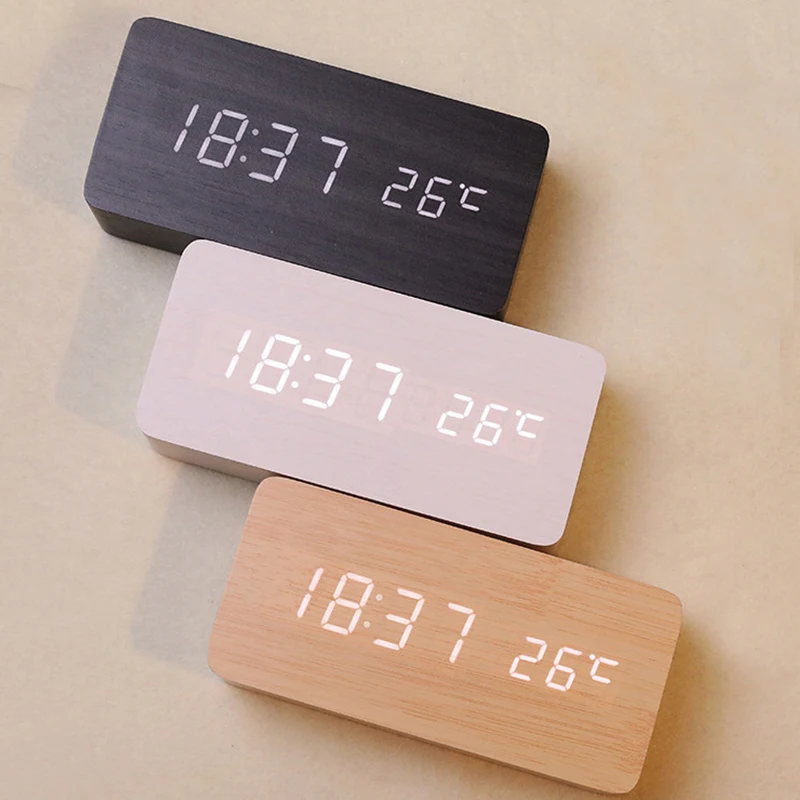 LED Wooden Digital Alarm Clock with Voice Control - Stylish Home Decor Clock