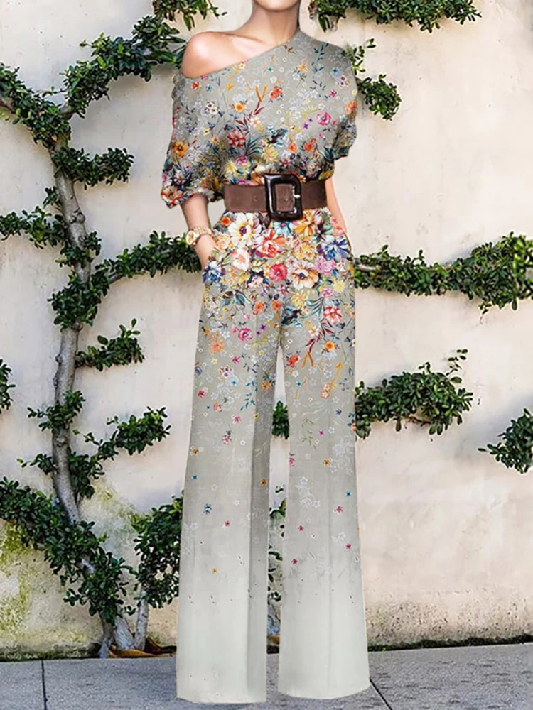 2023 Summer Elegant Pattern Print Party Jumpsuit Lady Sexy Off Shoulder Romper Women New Fashion Wide Leg Pant Playsuit Overalls