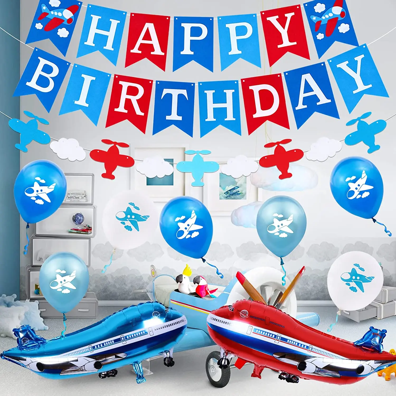 Hokinaa Airplane Baby Shower Decorations - 96 Pcs Blue Bear