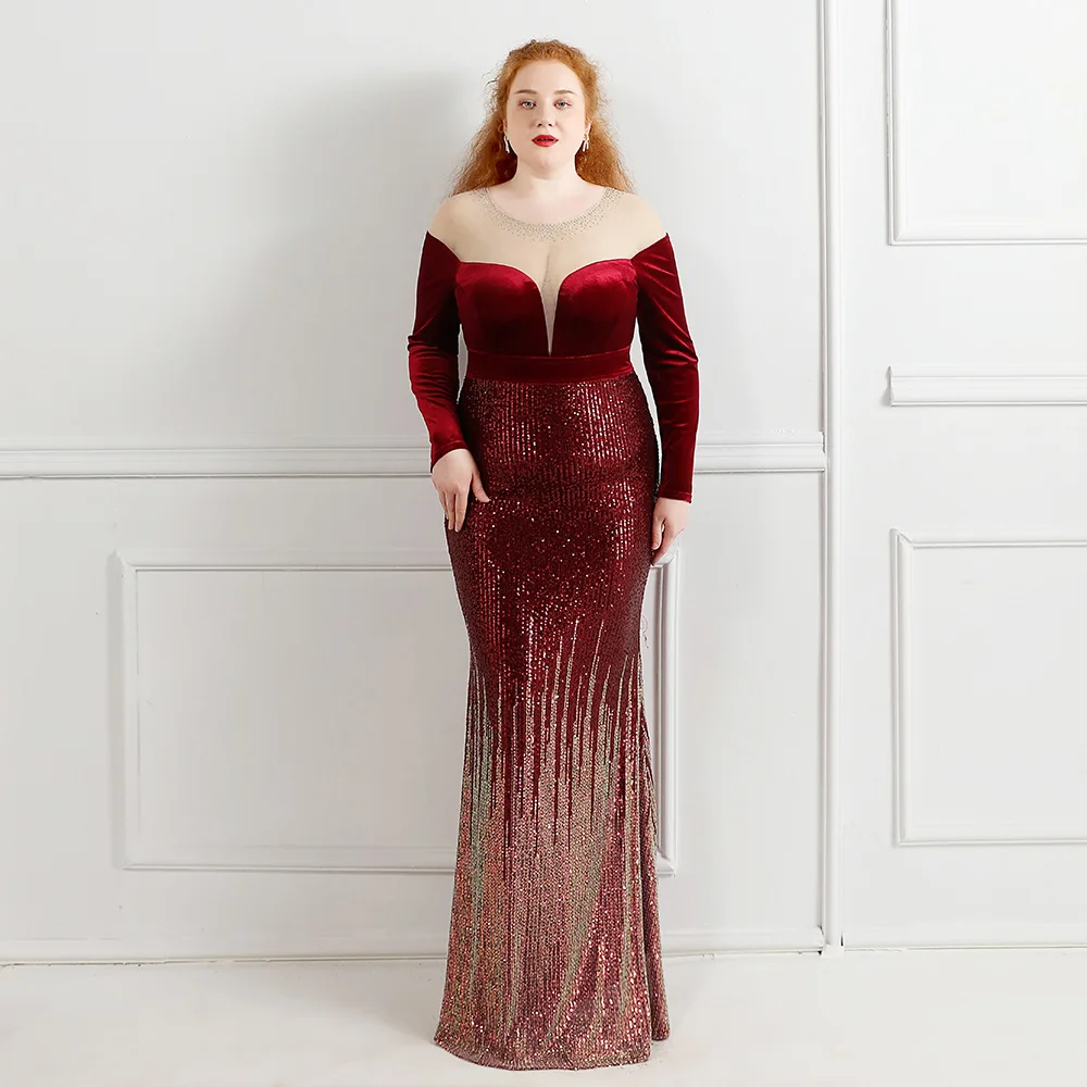 

Plus Size Mermaid Evening Dress Long Sleeves See Through Tulle Velour Elastic Sequined Burgundy Formal Gowns For Wedding Party
