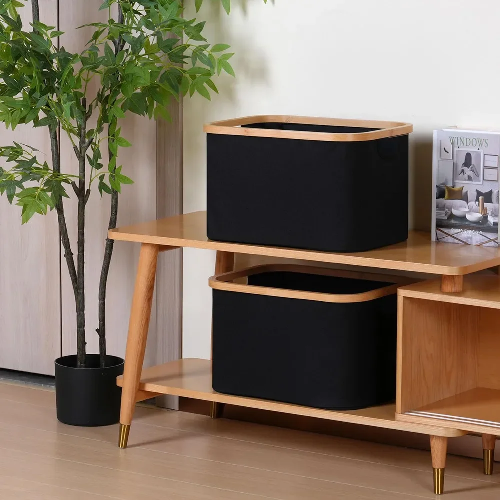 Black Storage Baskets for Organizing,Fabric Storage Bins with Bamboo Handles, Collapsible Storage Baskets for Shelves and Closet 5