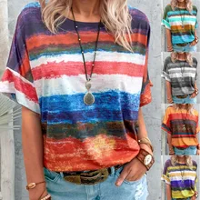 

2021 Summer New Casual Gradient Short Sleeve Loose Pullovers Women Elegant Round Neck Vintage Stripe Print Streetwear