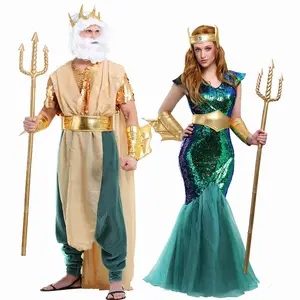 Umorden Femmes Sirène de Mer Sirène Costume de Reine Hommes &##39;s  Poseidon Costumes Fantasia Halloween Pourim Carnaval Mardi Gras  Déguisement.s