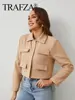TRAFZA Spring Jacket For Women Slim Cropped Coat Elegant Solid Long Sleeve Jacket Front Flap Pocket Outerwear Fashion Streetwear 4