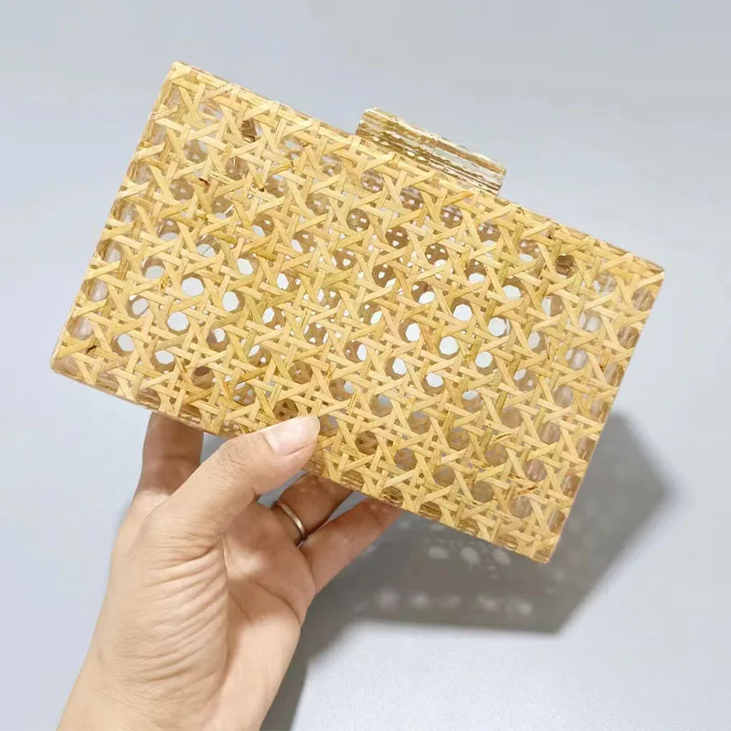 Woven Rattan Hollow Acrylic Clutch Handbag for Women Trend 2024 Square Straw Bag Crossbody Shoulder Hard Purse bolsos Aesthetic