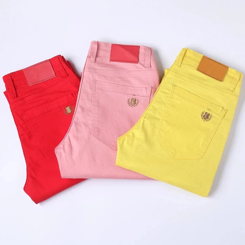 Classic Style Men's  Red yellow pink Jeans Fashion Business Casual Straight Denim Stretch Trousers Male Brand Pants