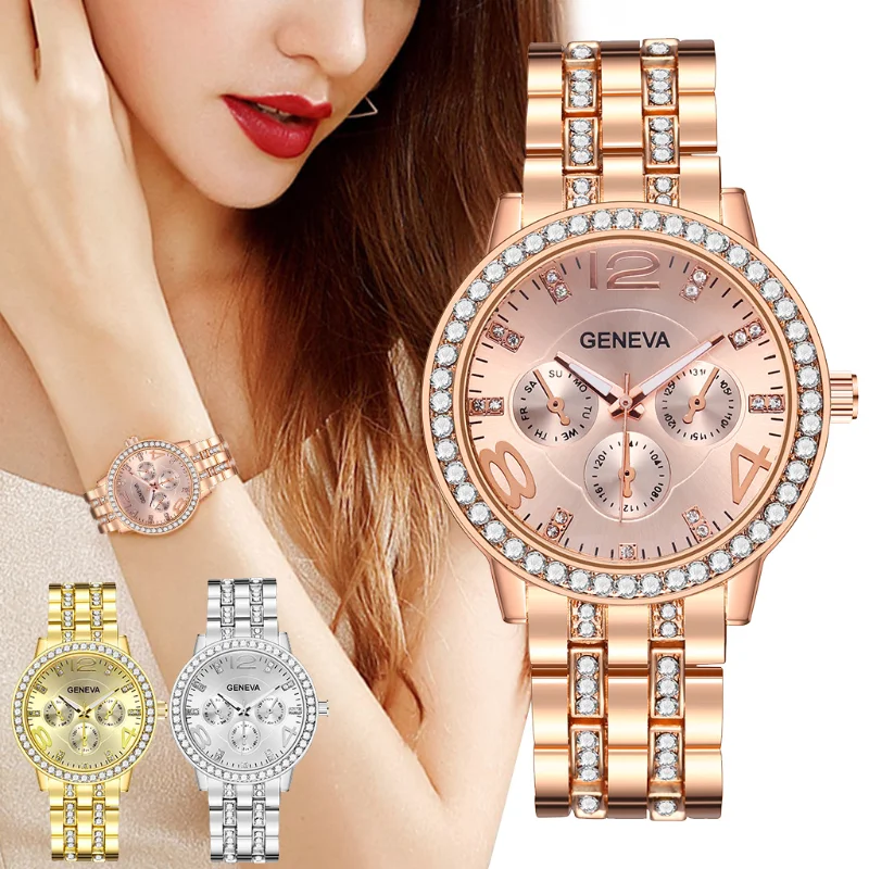 

New Top Famous Brand Women Gold Geneva Stainless Steel Quartz Watch Military Diamond Casual Analog Watches Relogio Feminino