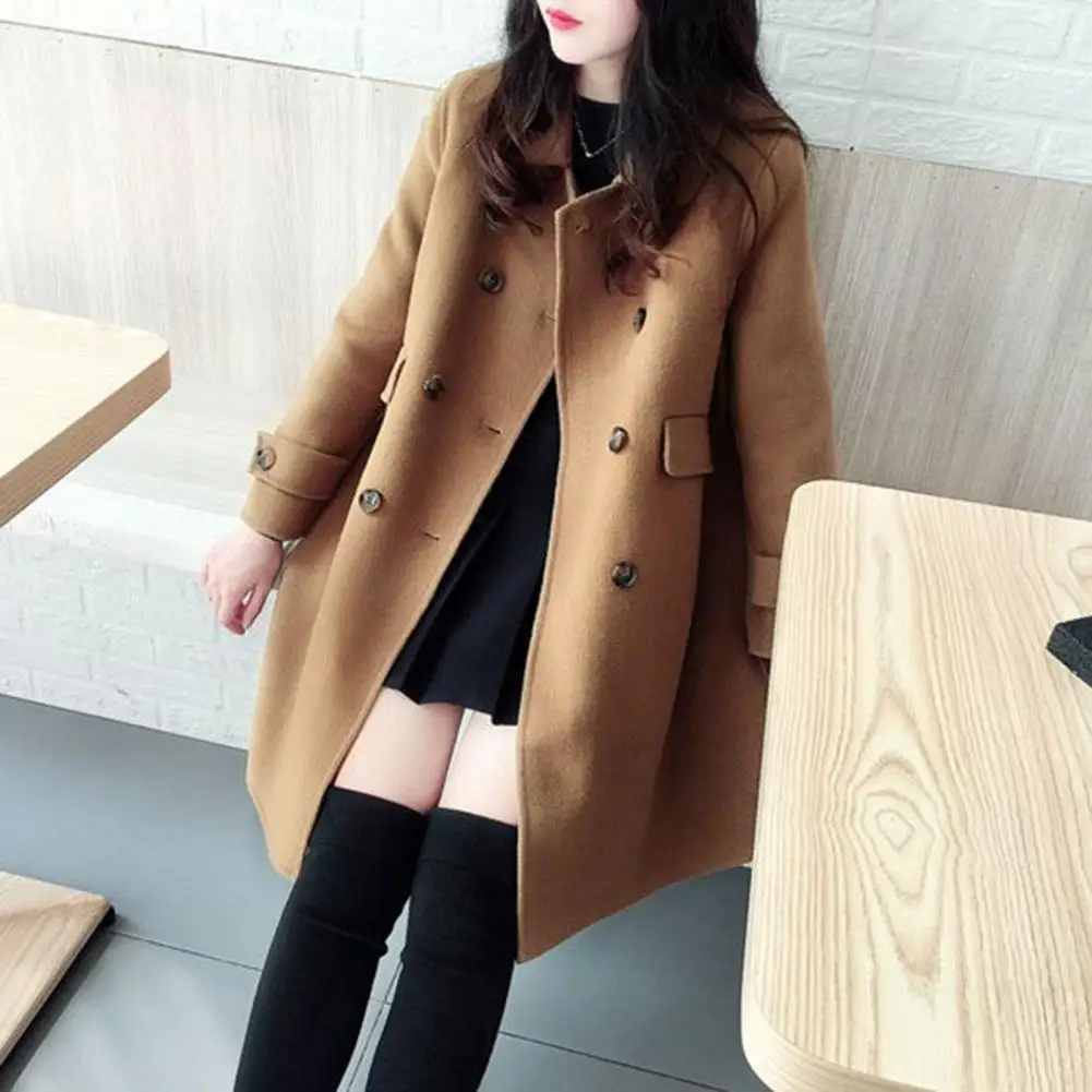 

Women Winter Coat Lady Winter Coat Stylish Vintage Woolen Trench Coat Warm Mid-length Double-breasted with Pockets for Women's