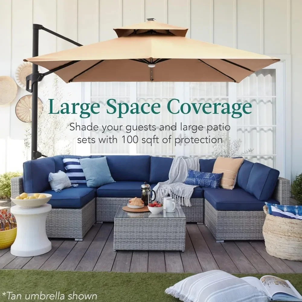 Patio Umbrella with Solar LED Lights, 10x10ft 2-Tier Square Cantilever, Fillable Base, 360 Rotation, Outdoor Sun Umbrella