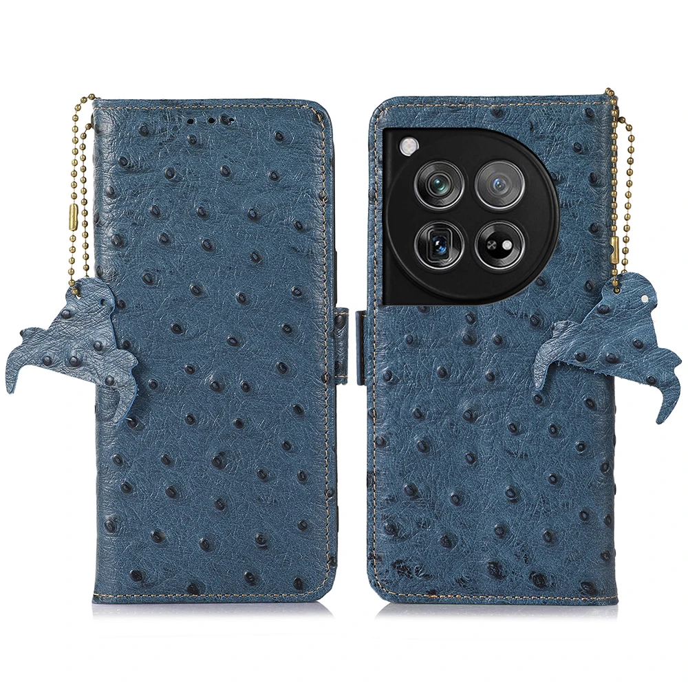 Luxury Ostrich Pattern Genuine Leather Case for OnePlus 12 Shockproof RFID Blocking Magnetic Closure Flip Cover Slim Wallet Case