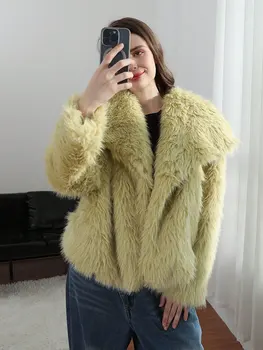 HH 2025 الخريف المرأة أنيقة الصلبة فو سترات من الفرو الإناث الشتاء سميكة الدافئة بدوره إلى أسفل طوق معاطف موضة شيك ملابس خارجية 2