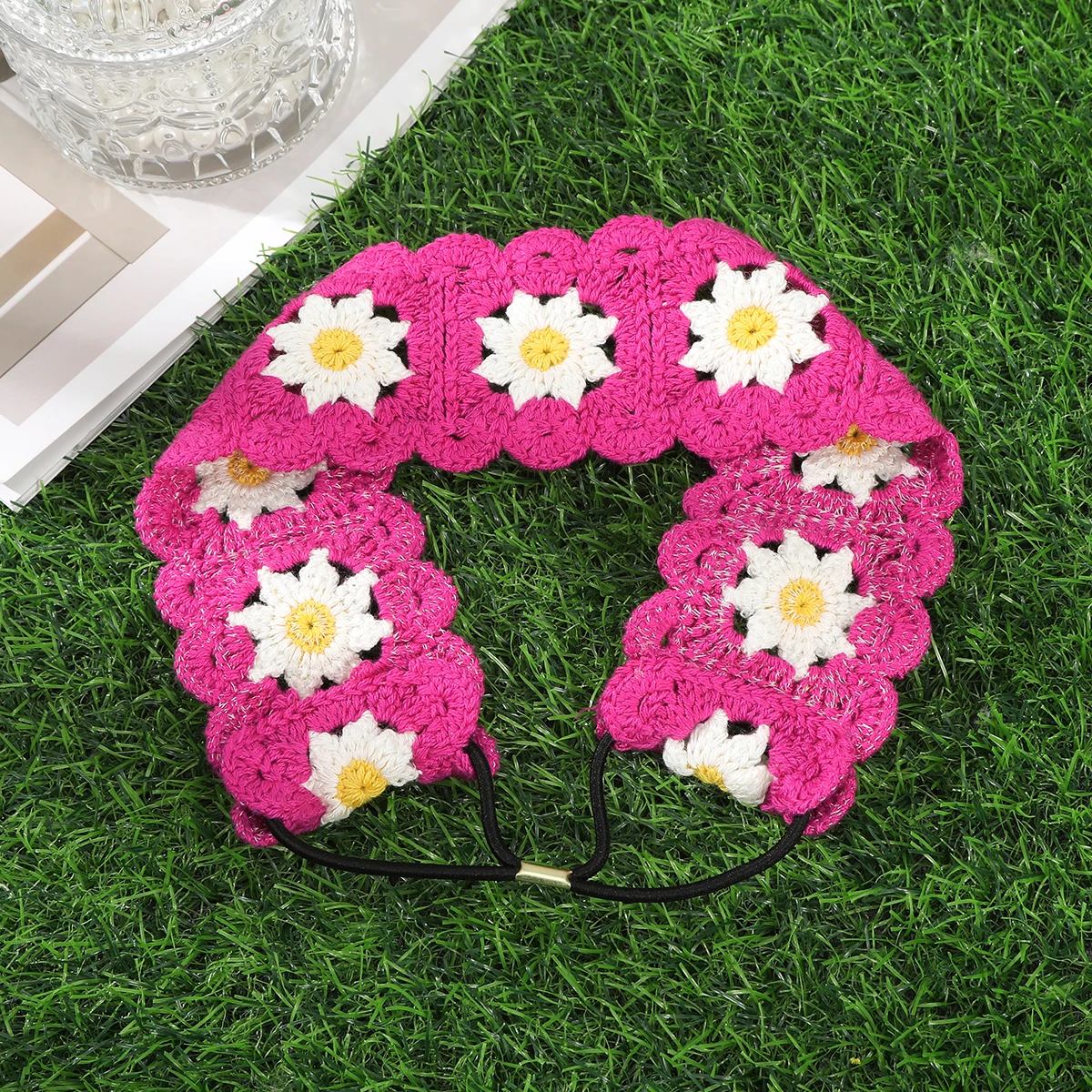 AWAYTRBohemian Crochet Turban Haarbänder Vintage Haarschal für Frauen Blumenstrick Stirnband Headwrap Haarschmuck – Detail 6