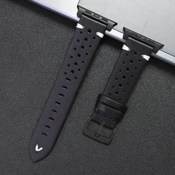 Premium Genuine Leather Watch Band - Elegant Titanium Strap for Apple Watch 45mm (Black black)