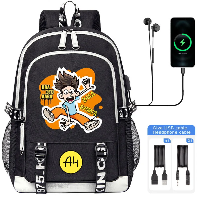 

Cartoon Merch A4 Children Backpack NEW USB A4 Vlad Boy Girl School bag Large Capacity Teenage Children Students Schoolbag