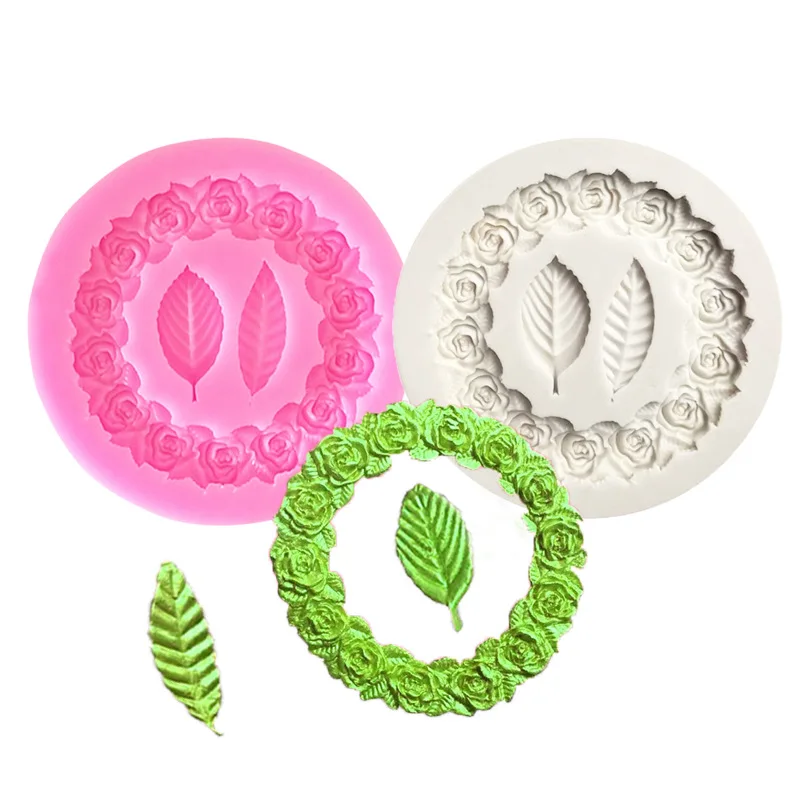 

3D Rose Garland Leaf Frame Silicone Mold DIY Wreath Leaves Picture Frame Fondant Chocolate Cake Decor Jelly Kitchen Baking Tools