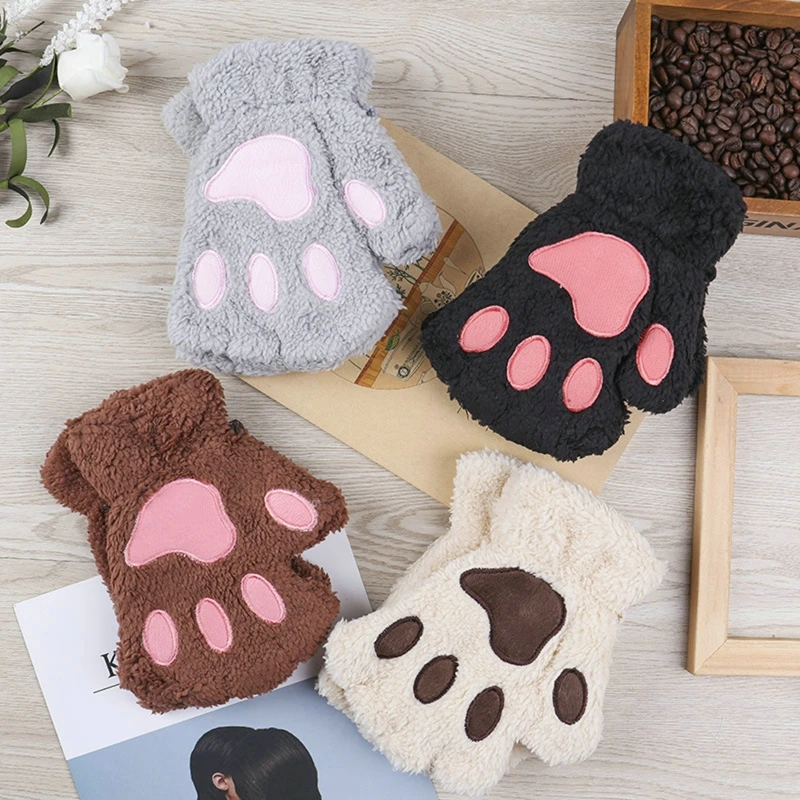 Soft Warm Plush Fingerless Panda Gloves Flip Half Finger Mittens Women Winter Cute Cat Paw Fluffy Glove Girls Christmas Gifts