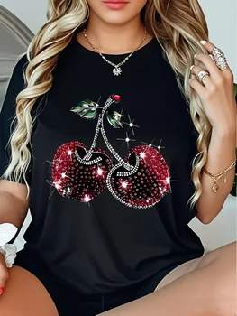 Cherry Print Top Women's Sparkling Cherry Diamond Print T-Shirt Elegant Casual Short Sleeve Round Neck Fashionconscious Women 1