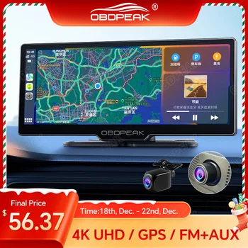 대시 캠 후방 카메라 와이파이 카플레이 및 안드로이드 자동 4K DVR GPS 네비게이션 비디오 레코더, 대시 보드 듀얼 렌즈 24H 파크 AUX, 10.26 인치